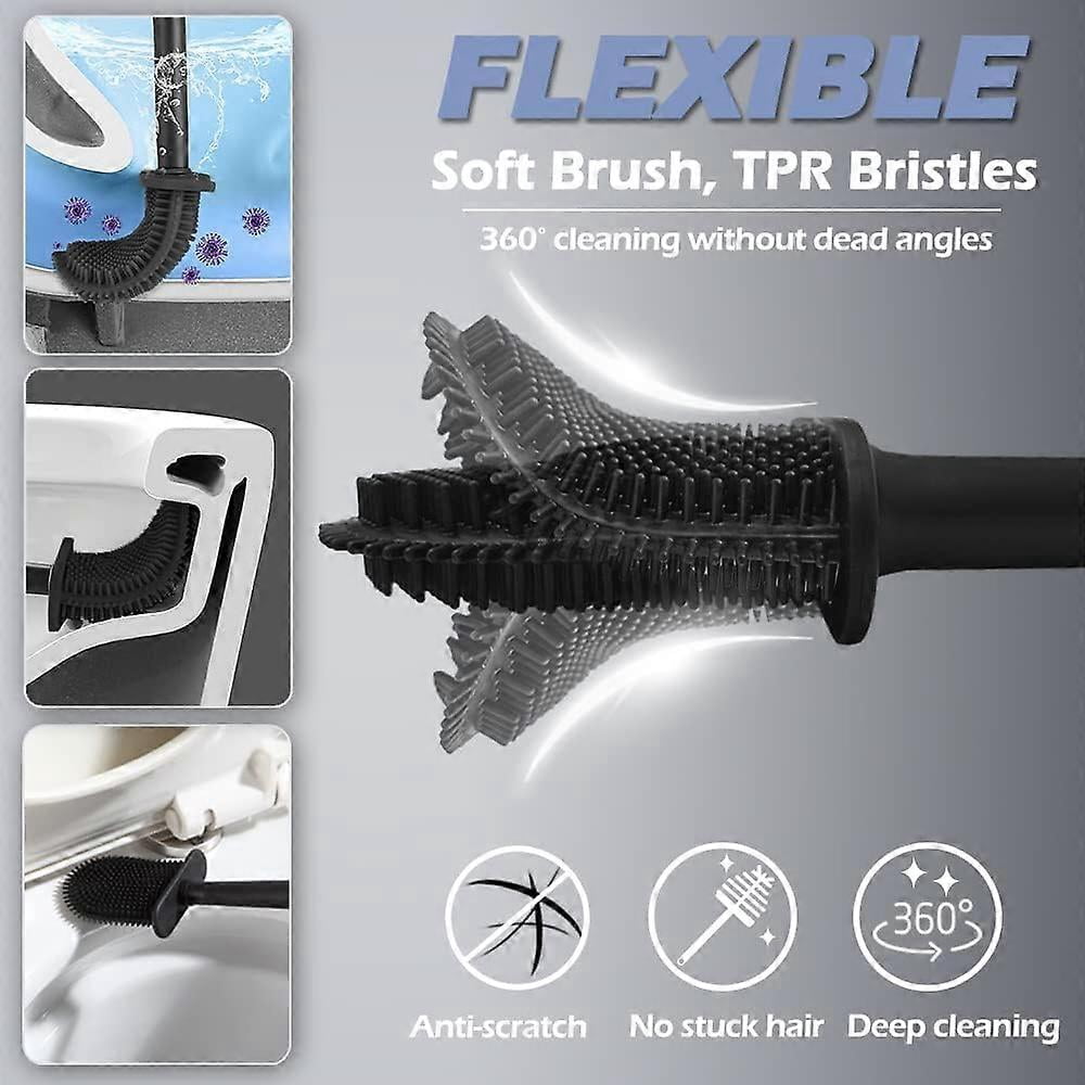 Silicone Toilet Brush with Holder Set -  Bristles Toilet Brush Bendable Quick Drying Flooring Wall Mounted   Toilet Bathroom, Black