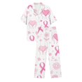 thumbnail image 4 of Women’s Short Sleeve 2 Piece Sleepwear Pajama Set All‑Over Pink Ribbon Heart Star Print Notch Collar Button Down Long Pants with Pockets Comfy Relaxed Fit Home Night Loungewear Pink L, 4 of 4