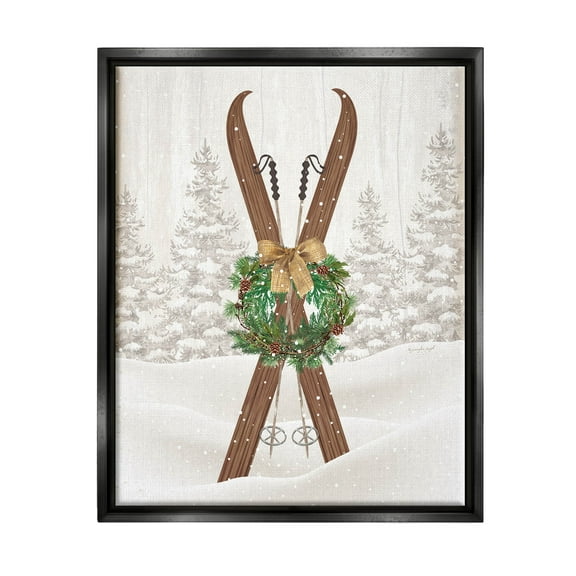 Stupell Industries Winter Skis Holiday Wreath Graphic Art Jet Black Floating Framed Canvas Print Wall Art, Design by Jennifer Pugh