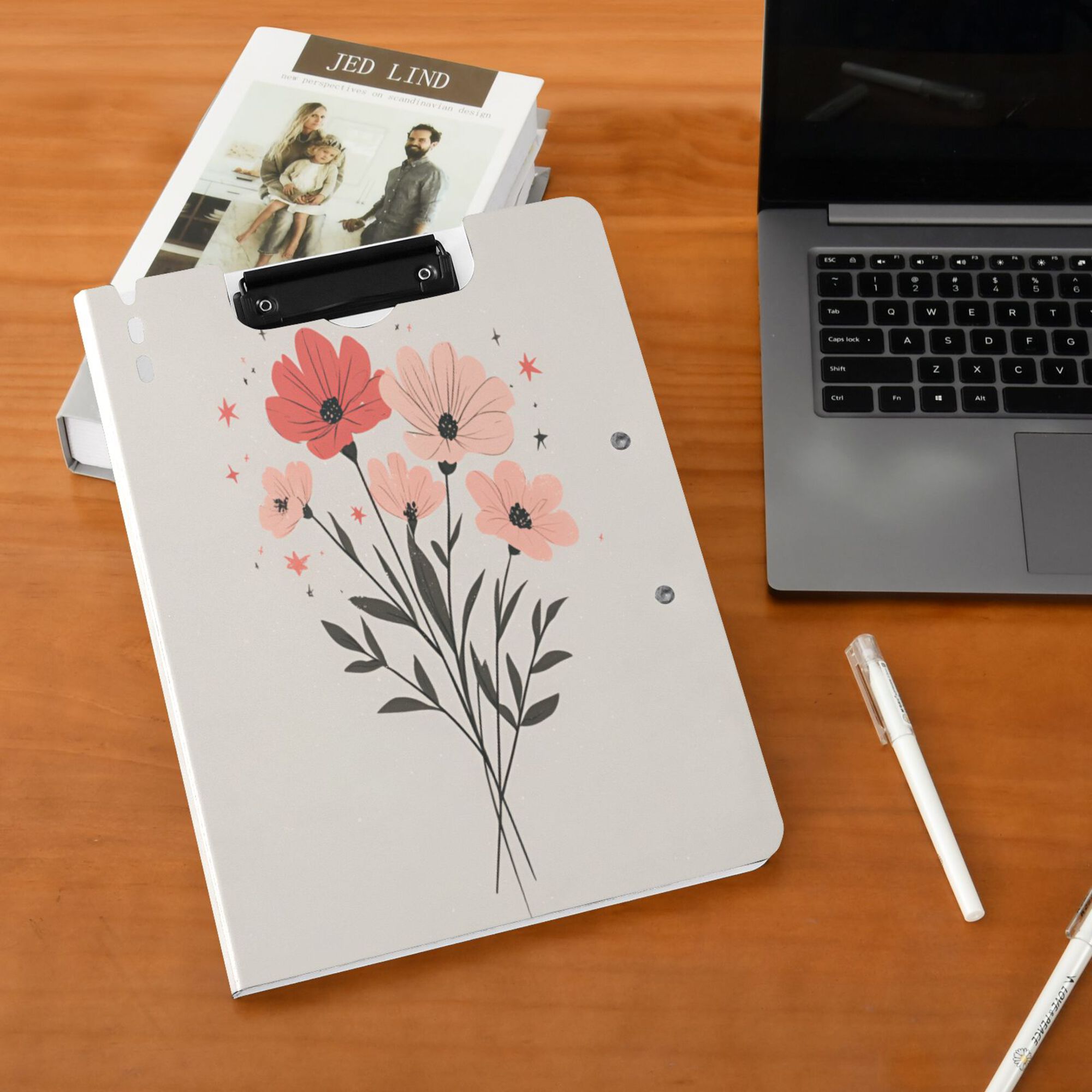 FORMRS A4 Clipboard Folder with Pen Holder Horizontal Foldable School Office Binder, Pink Flower