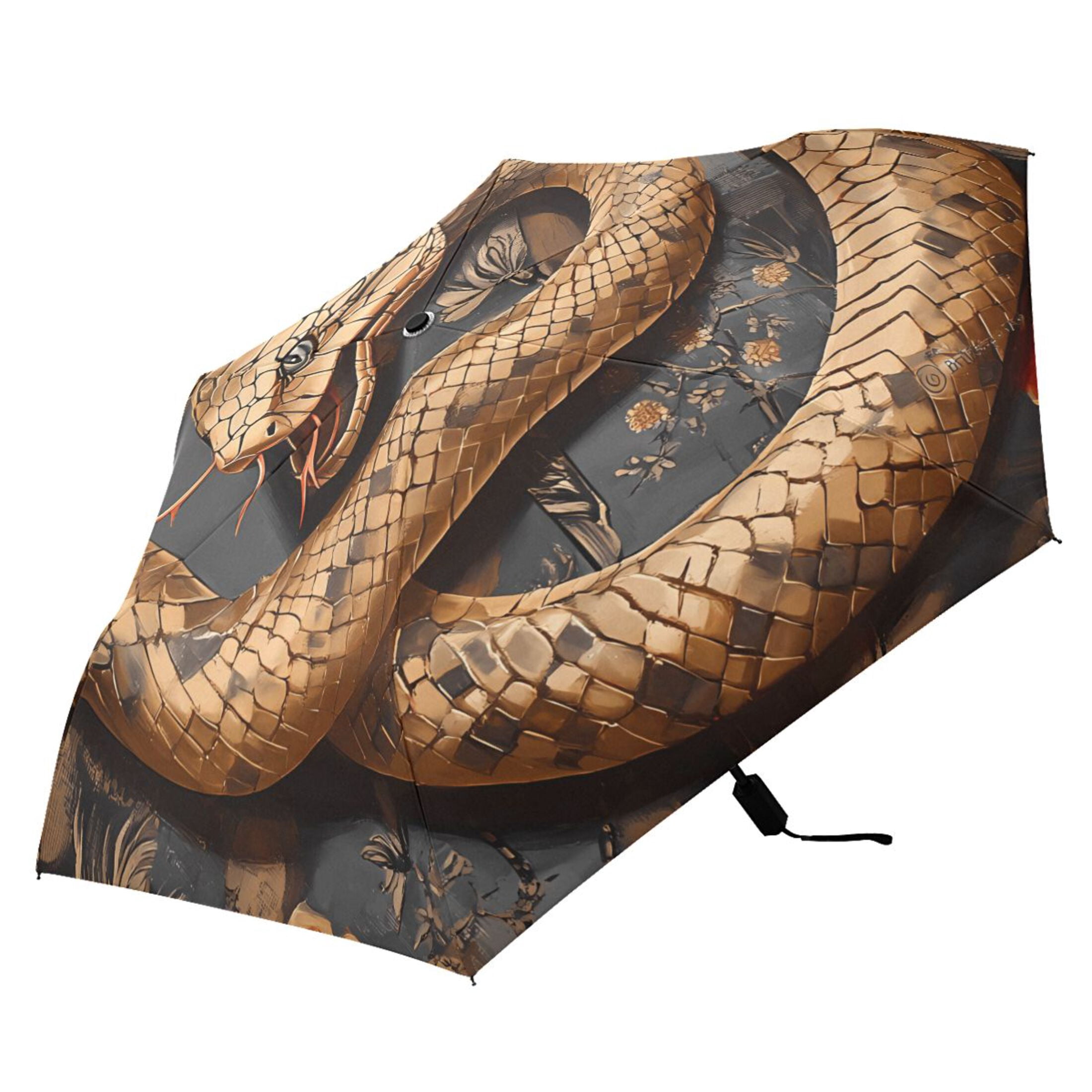 Golden Snake and Rose Compact Sun Umbrella Windproof Travel Umbrellas for Rain Strong Portable UV Protection
