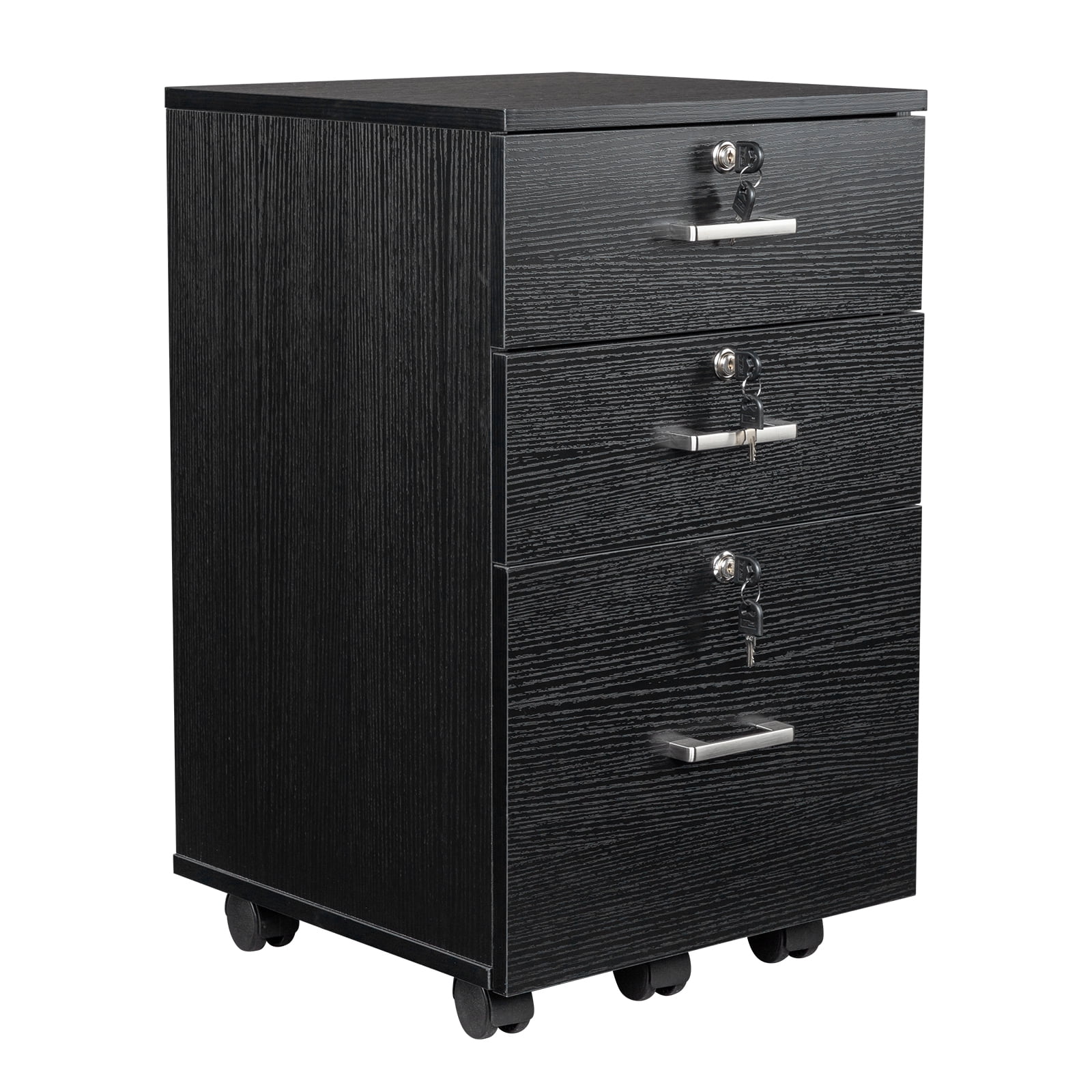 Ktaxon 3-Drawer Rolling Wood File Cabinet with Lock, Portable Vertical Mobile Wooden Storage Filing Cabinet for Home Office,Black