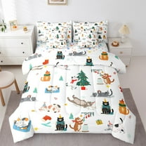 Feelyou Christmas Cat Print Bedding Comforter Set 7-Piece for Teen, Kawaii Cartoon Kitten King Bedding Sets, Cute Animal Reversible Bed Sheets, Lightweight Room Decor