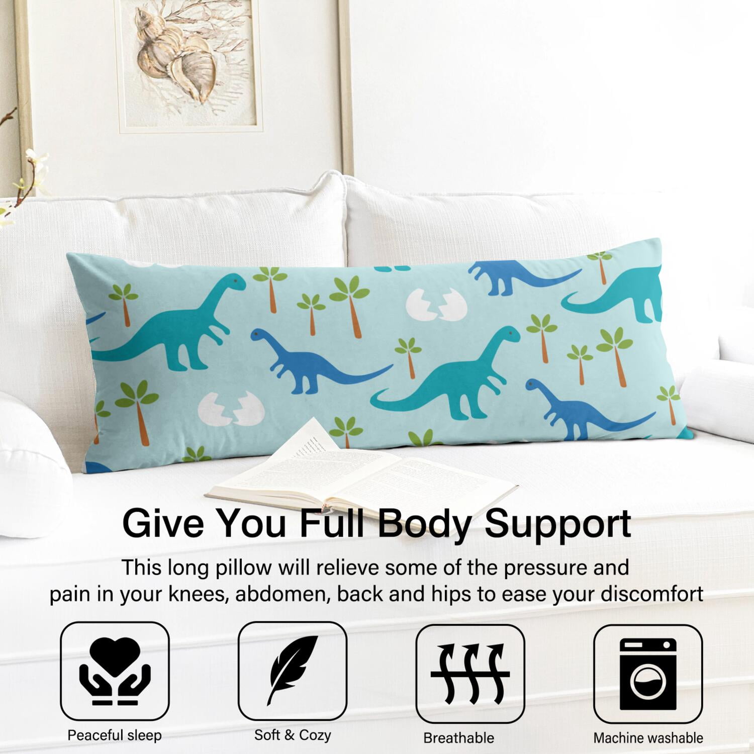 Bright Cartoon Dinosaur Body Pillow Cover - 20x54 Soft & Cozy - Invisible Zipper - Stretchy & Durable