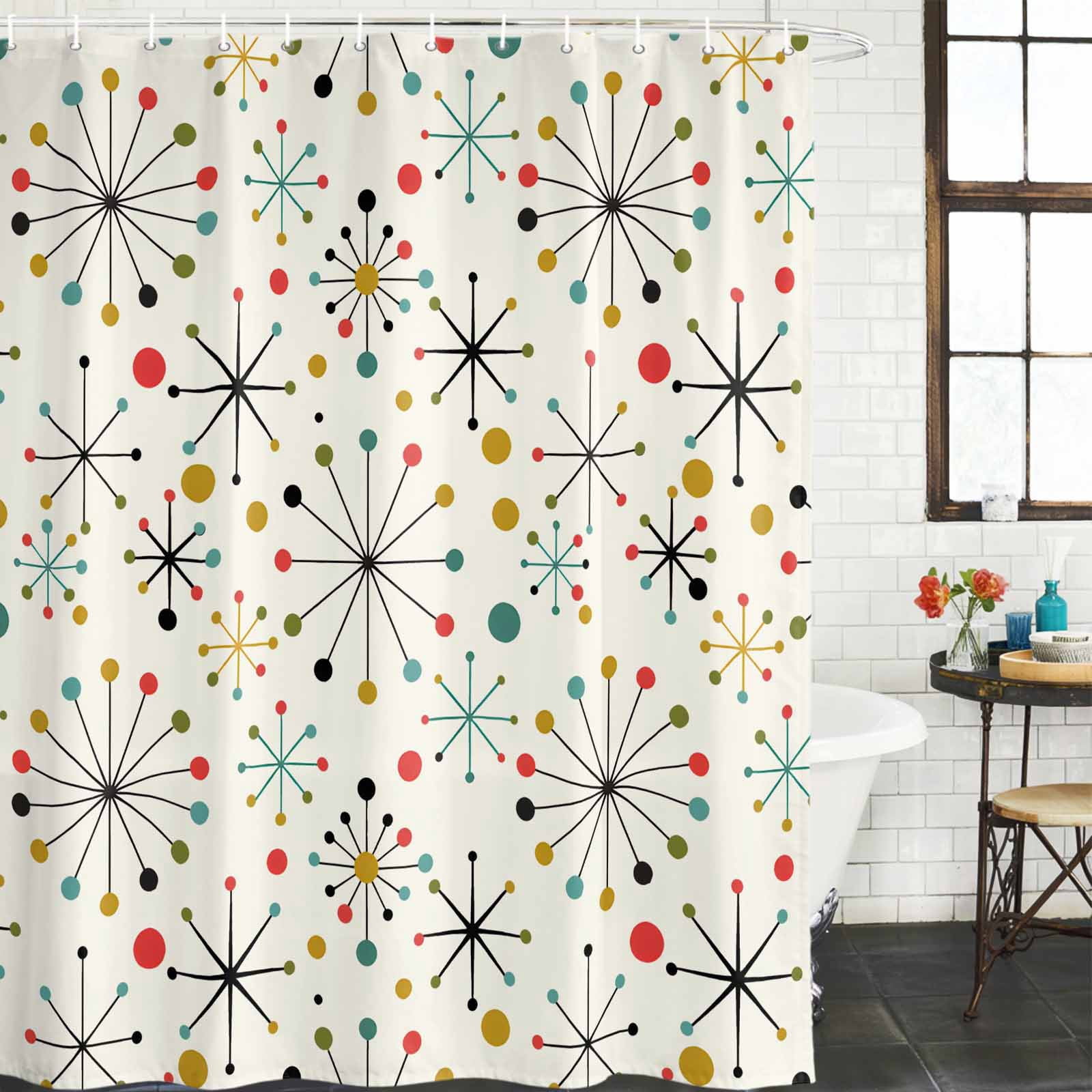 Shower Curtain Bathroom Set Mid Century Abstract Geometric Waterproof Fabric Shower Curtains with Grommets&Hooks, Modern Colorful Atomic Privacy Bath Curtain for Bathtub 72x84in