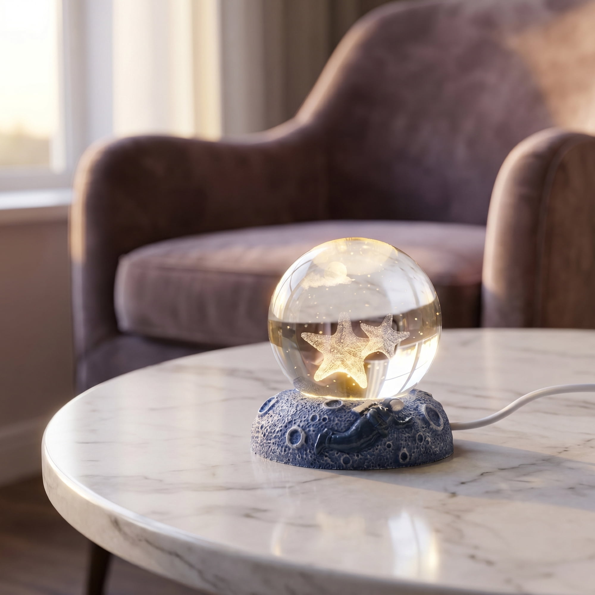 Unique Bargains Glowing Crystal Ball Figurine 3D Glass Ornament with LED Light Base Beige Style D 2.4"x2.4"x3.1"