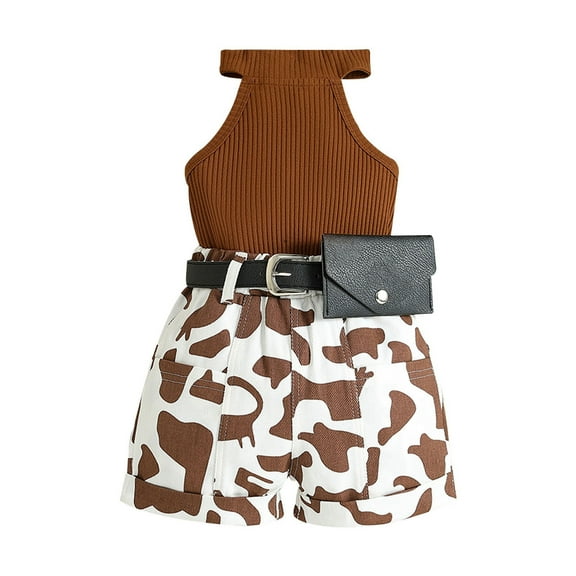 Odeerbi Toddler Girls 2 Piece Outfits Cotton Halter Tops Denim Shorts with Waist Bag Set Summer Clothes Casual Sleeveless Top Round Neck Strap Loose Printed Shorts Tank Top Sets Brown