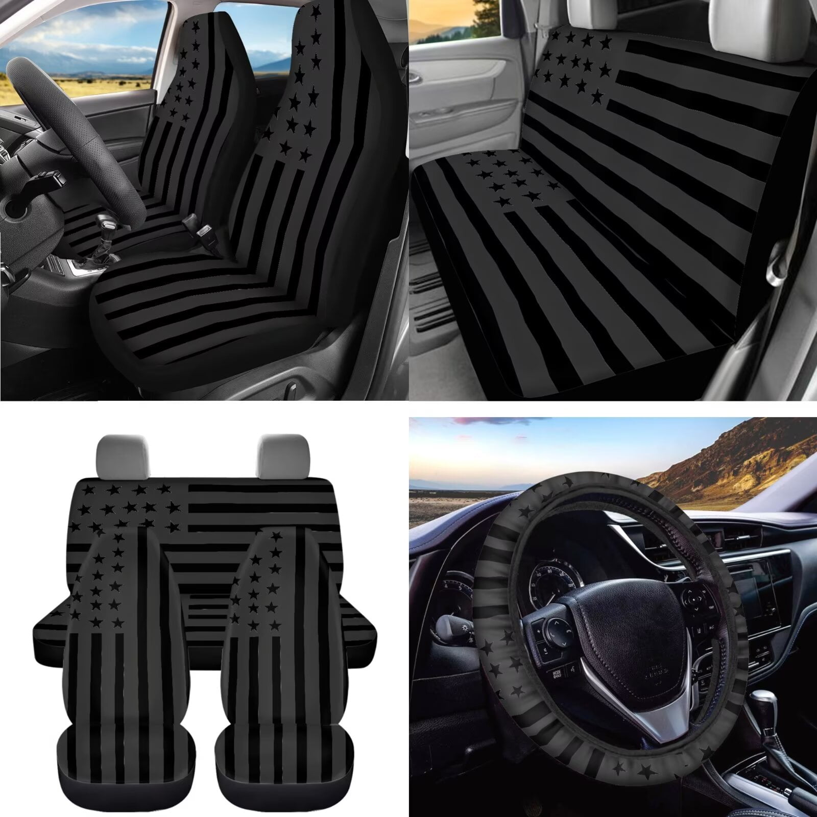 Uorisanigo Black American Flag 15Pcs Car Seat Covers Font Rear Set with Steering Cover,Seatbelt Pads,Car Trash Bag,Air Vent Pouch,Key Chain,Rearview Mirror Cover,Coasters,Interior Accessories Set