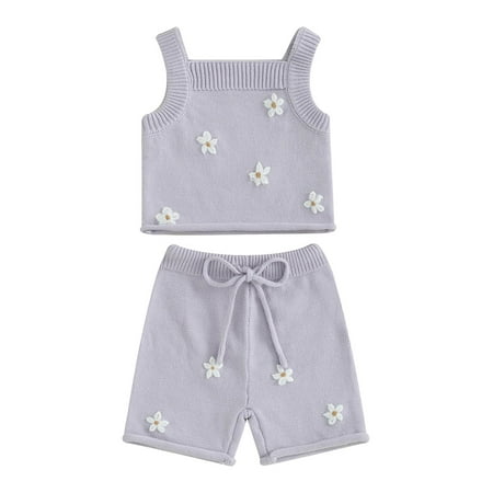 

WERNZATT Toddler Baby Girl Summer Shorts Set Daisy Pattern Ribbed Knit Sleeveless Crop Tank Top and Stretch Shorts Outfit Sets