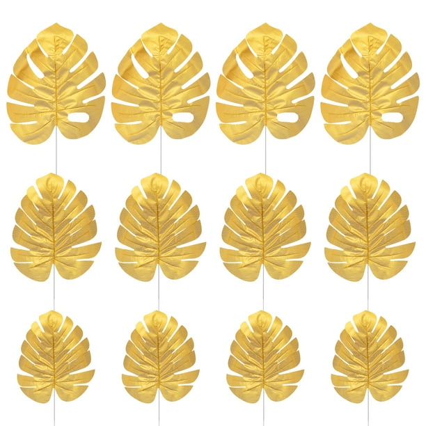 12 hojas decorativas artificiales de simulación dorada de Monstera para la decoración del banquete de boda en casa (tamaño S + tamaño M + tamaño L, 4 para cada tamaño)