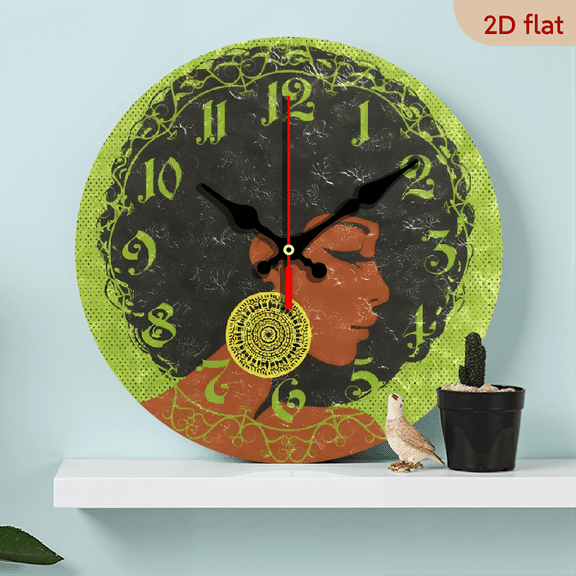 2D Flat 1pc 10Inch Wooden Large Wall Clocks, African American Woman Battery Operated Non Ticking Clock Silent Art Bedroom Kitchen Clock Atomic Analog Clocks Home Decor