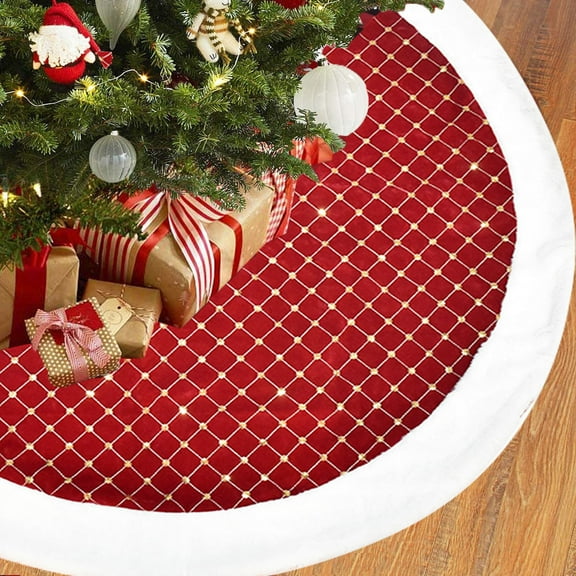 Christmas Tree Skirt 48 Inch Thick Velvet Red and White Christmas Decorations Merry Christmas Happy New Year Tree Skirt