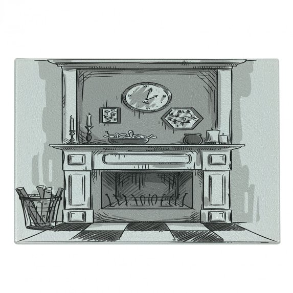 Fireplace Cutting Board, Greyscale Sketchy Illustration of Cozy Edge of Home with Log Fire, Decorative Tempered Glass Cutting and Serving Board, in 3 Sizes, by Ambesonne