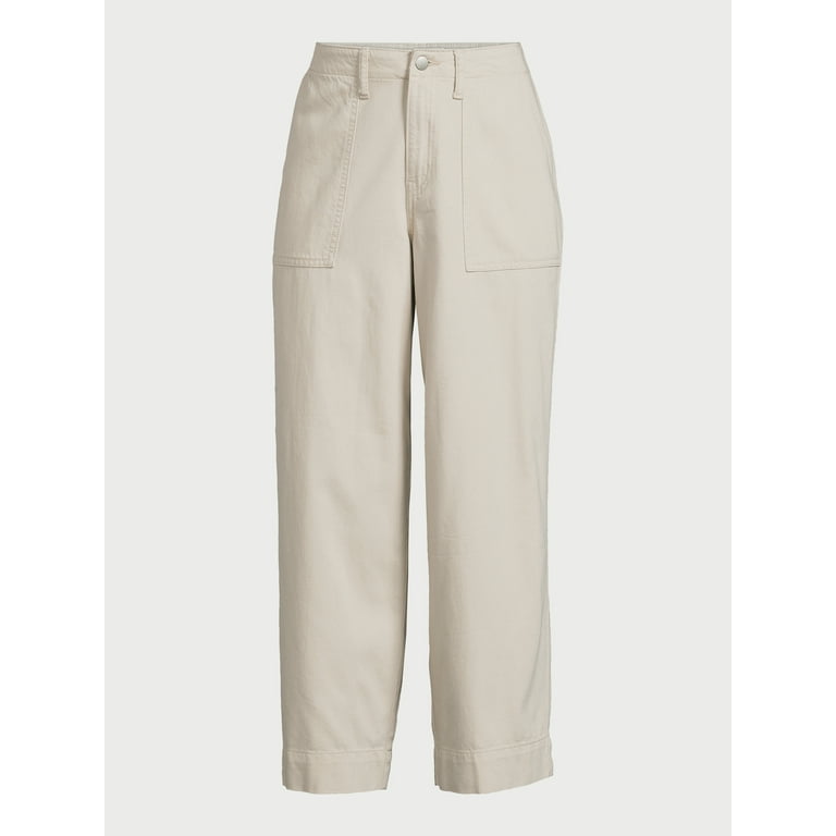 Cropped slim baggy trousers, beige, twill and denim mix