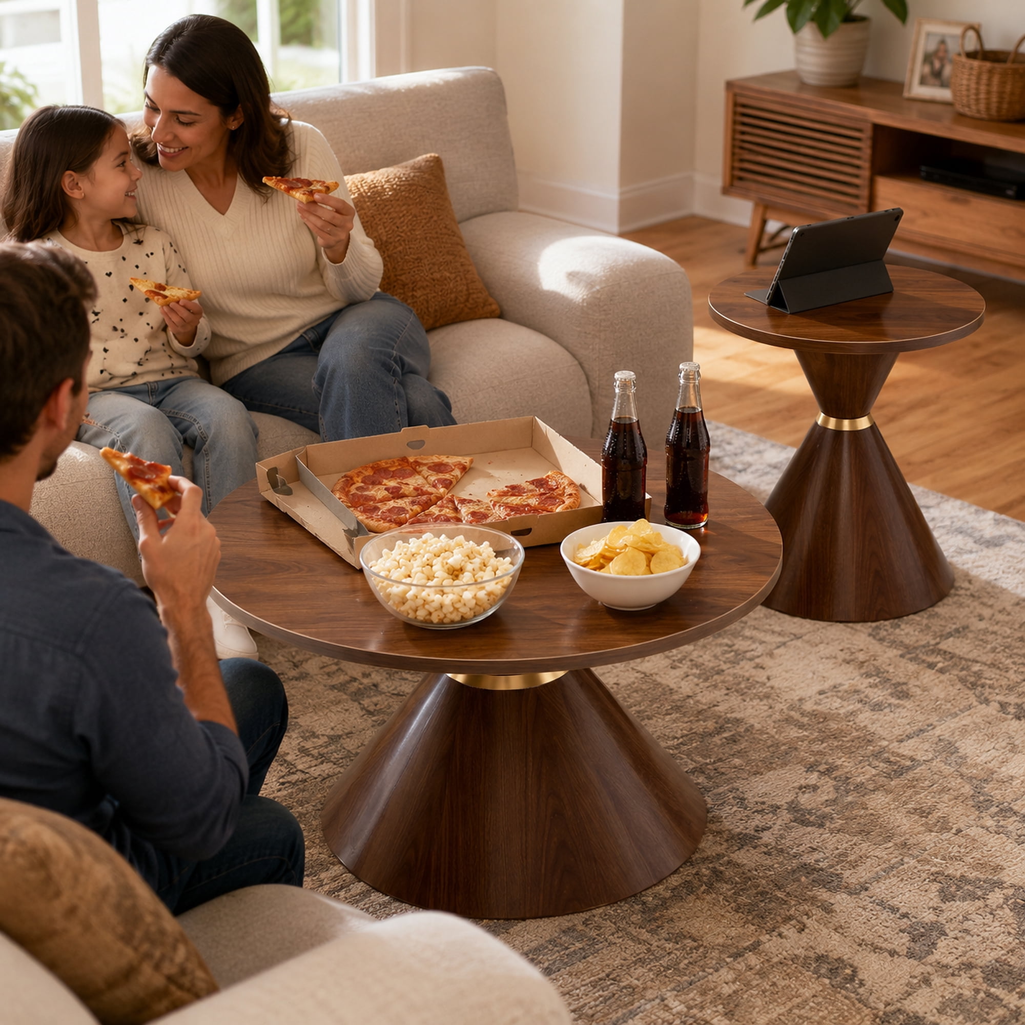 2-Piece Round Nesting Coffee Table Set with Hourglass Design and Metal Base, Mid-Century Accent Tables and Side End Tables for Living Room, Walnut