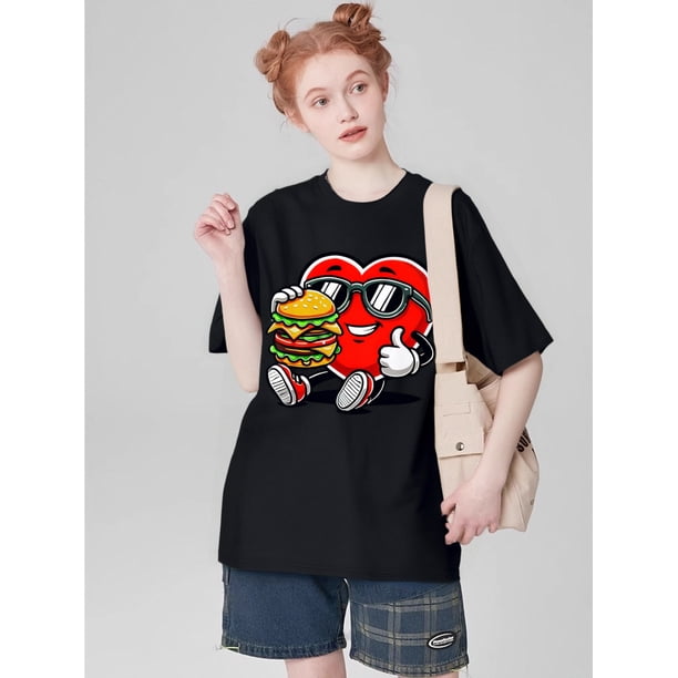 Soft Funny Heart-Shaped Burger Lover's T-Shirt - 100% Cotton, Black with Fashion Glasses & HamburgerCamisetas para mujer, lindas camisetas con estampado gráfico, de manga corta, estilo casual, para ve