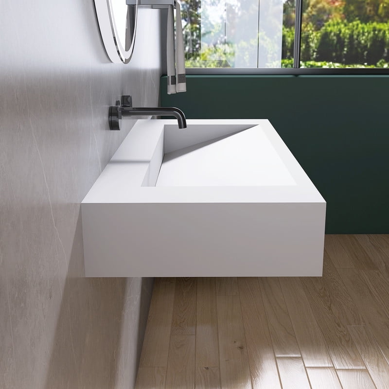 MEDUNJESS 42" Vessel Sink Wall-Mount Bathroom Sink V-Shaped Floating Sink Stone Resin in Matte White