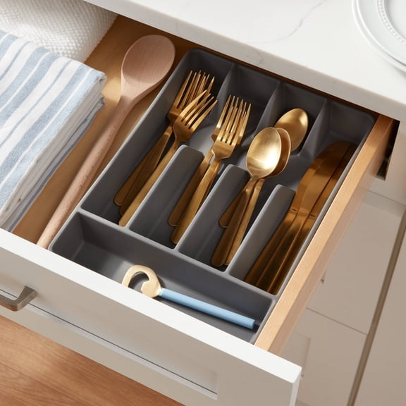 5 Compartment Drawer Organizer, Gray Plastic Drawer Organizer Tray for Kitchen Utensils, Spoons, Forks and Knives, Space-Saving Storage Organizer for Drawers, Easy to Clean
