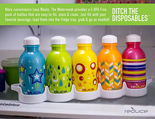 Fill with Cold Drinks Assorted Colors Base Brands COMIN18JU078943 5pk Leak-Proof Twist Cap Ideal for School Lunchboxes BPA-Free Plastic REDUCE WaterWeek Kids Reusable Water Bottles with Bottle Set Fridge Tray 10oz 