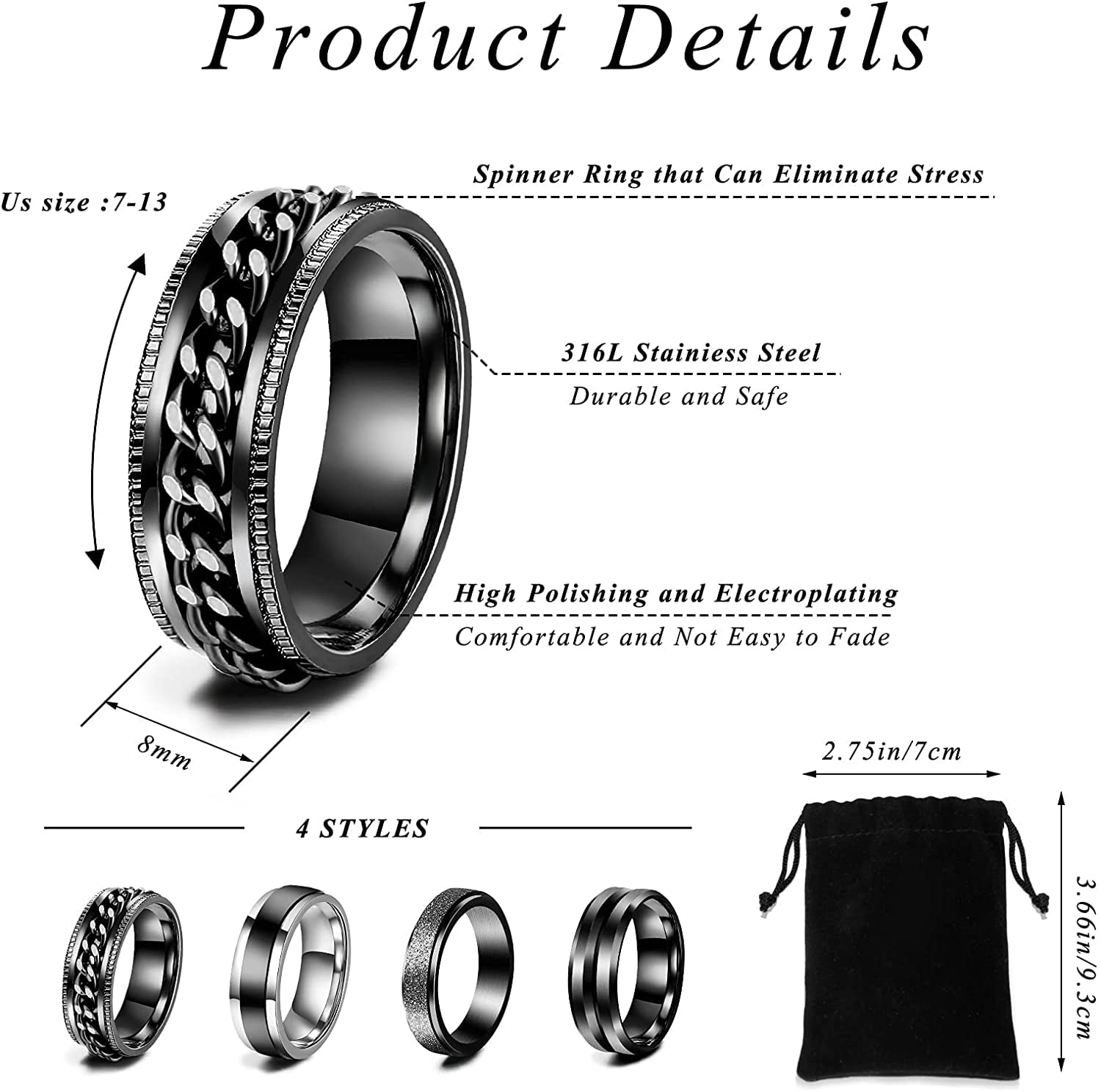 Mens Black Spinner Worry Smooth Sleek Simple Stainless Steel Ring Size 12 T74 