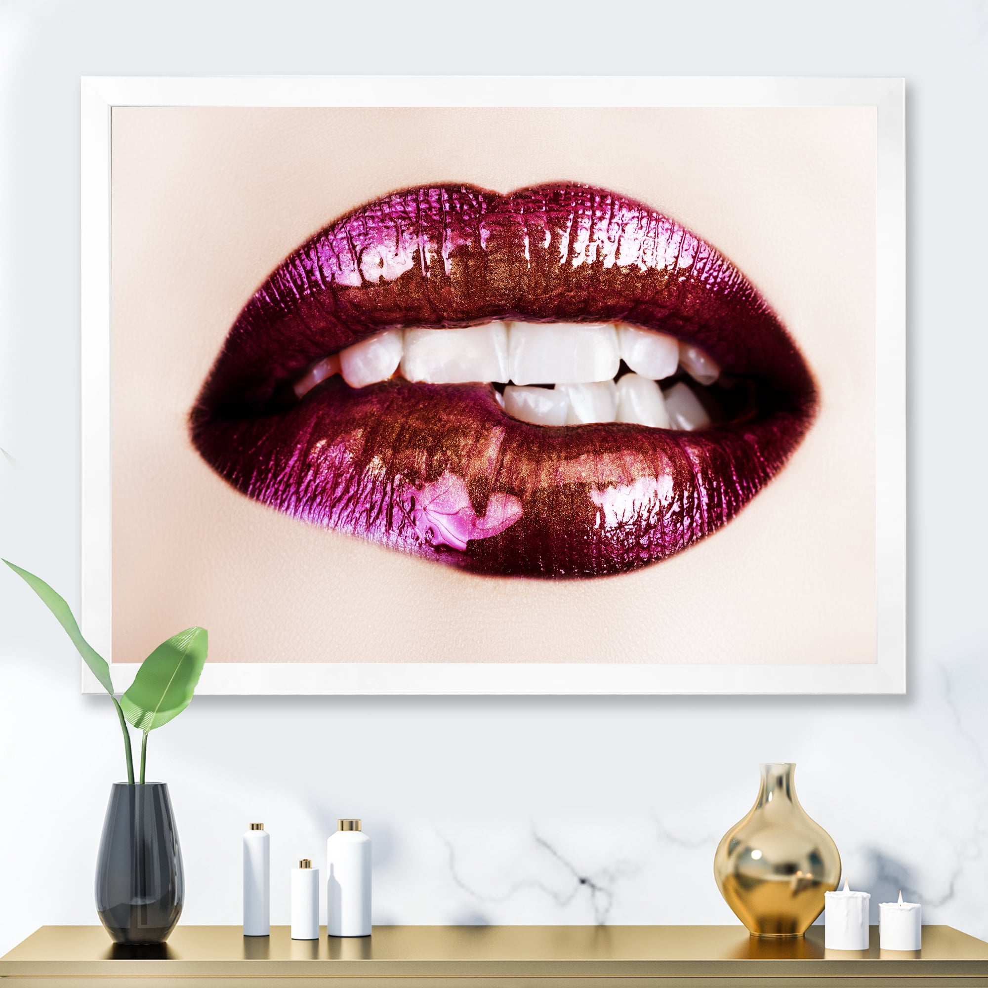 Designart 'Close-Up Of Purple Female Lips' Modern Framed Art Print