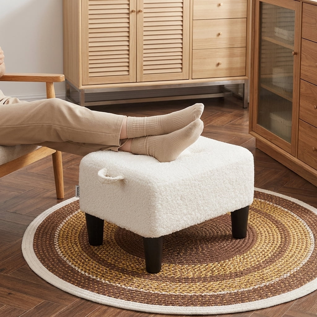 Ledrem Small Ottoman Foot Stool with Thick Cushion and Sturdy Angled Legs, White