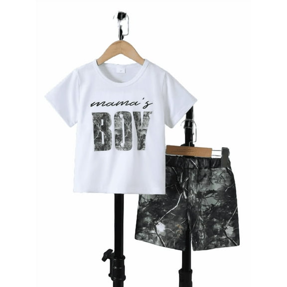 Mikrdoo 4T Toddler Kid Boys Letter Graphics Short Sleeve Tshirt Elastic Camo Leaves Shorts Set 2Pcs Clothes White