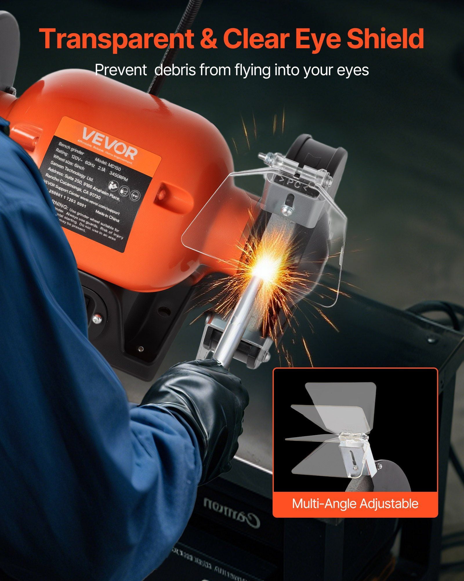 6 Inch Benchtop Grinder 3450 RPM 250W Induction Motor with 36 60 Mesh Grinding Wheel and LED Work Light