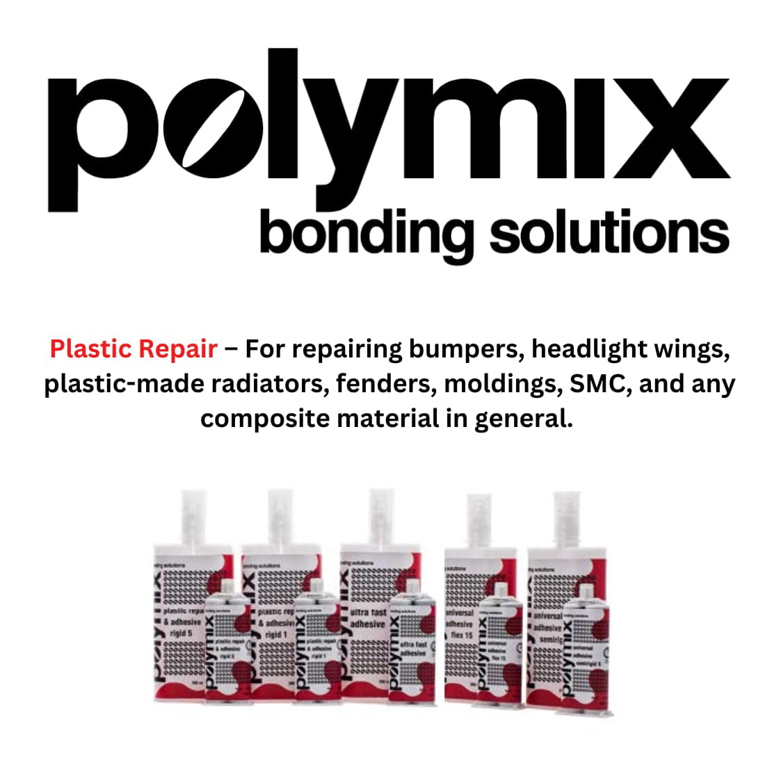 Polymix Universal Adhesive Flex 15 Multipurpose Plastic Repair and Adhesive 200ml Cartridge & Two Application Mixing Nozzles