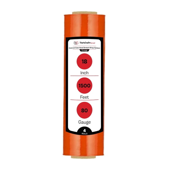 SSBM Orange Cast Hand Stretch Wrap 18" x 1500' 4 Rolls 80 Gauge Opaque Plastic Self Adhesive Shrink Film for Packaging