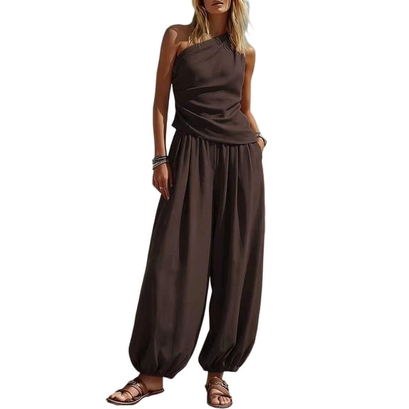 Gytharion Summer Vacation Outfits for Women 2 Piece Soild Color Casual Sets Sleeveless One Shoulder Tank Tops and Loose Wide-leg Pants