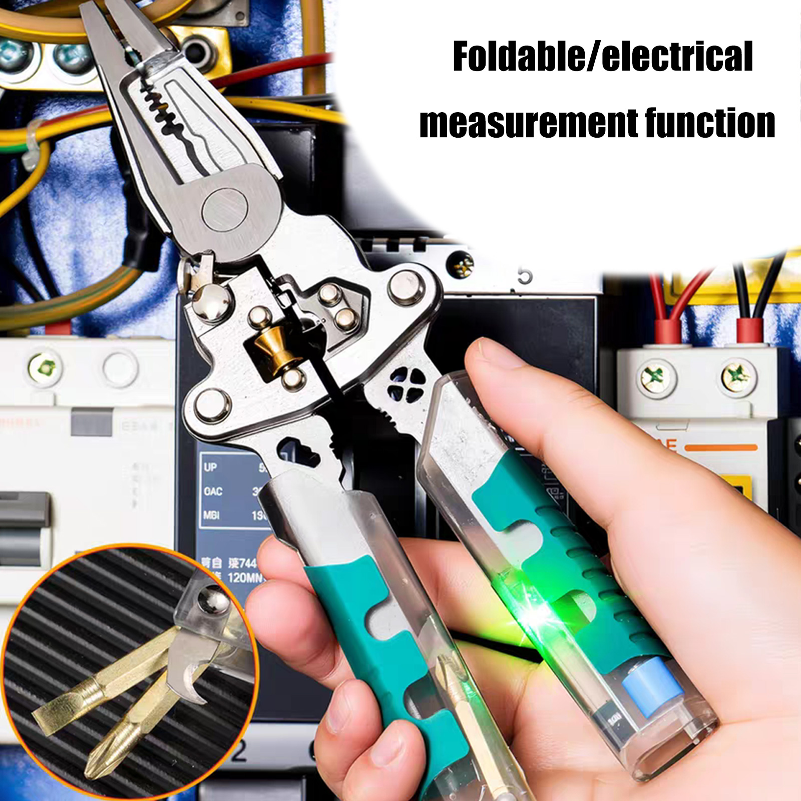 Multifunctional 9 in 1 Wire Stripper with Measurement, Folding Cable Cutter Crimper & Electrician Tool