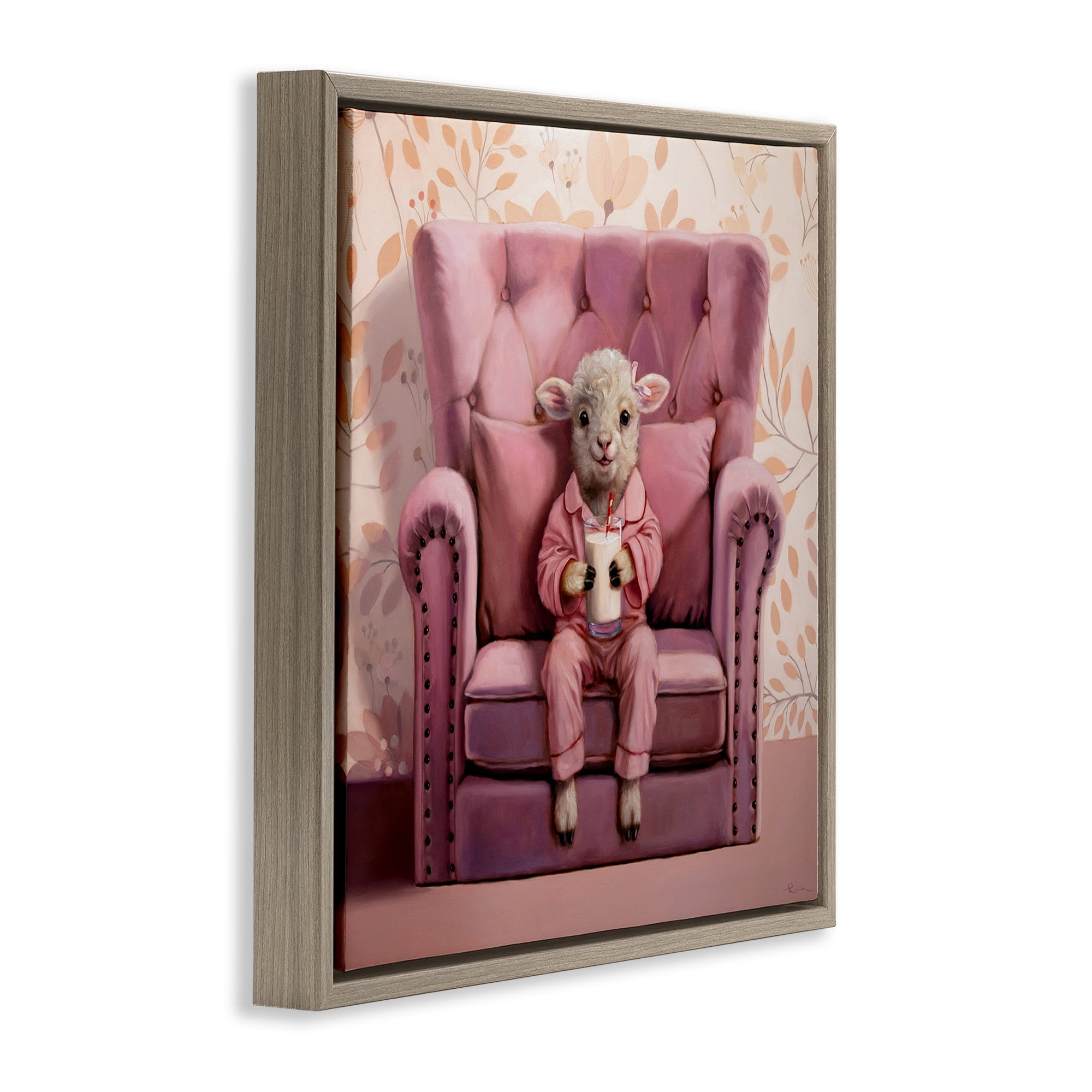 Stupell Industries Baby Cow in Pink Chair Animals & Insects Painting Brown Floater Framed Canvas Art Print Wall Art, 25 x 25