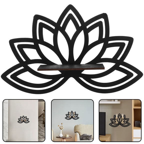 Masteelf Black Wooden Floating Shelf with Elegant Lotus Design for Decoration 25.5 x 9.5 x 6.5 Inches