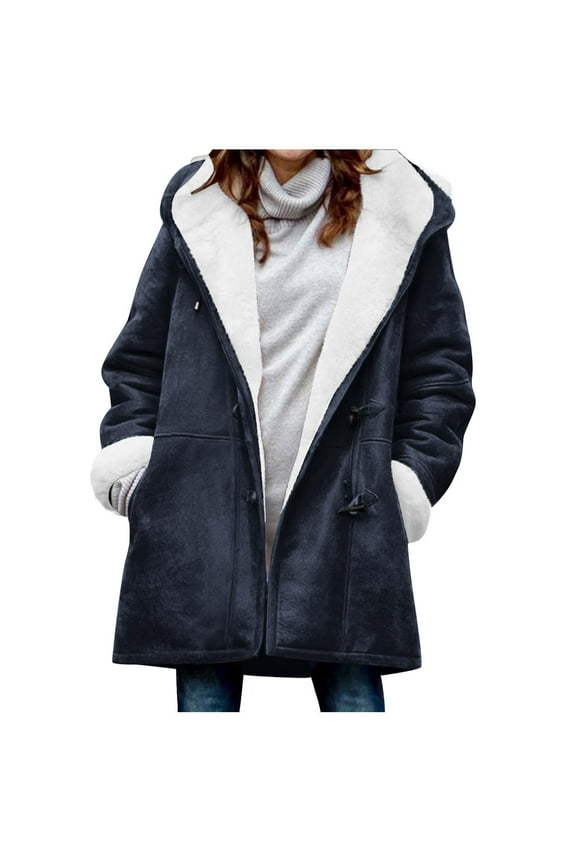 Jackets for Women Winter Warm Sherpa Lined Coats Plus Size Hooded Parka Faux Suede Long Pea Coat Outerwear Classic-Fit Soft Fuzzy Jackets Overcoat