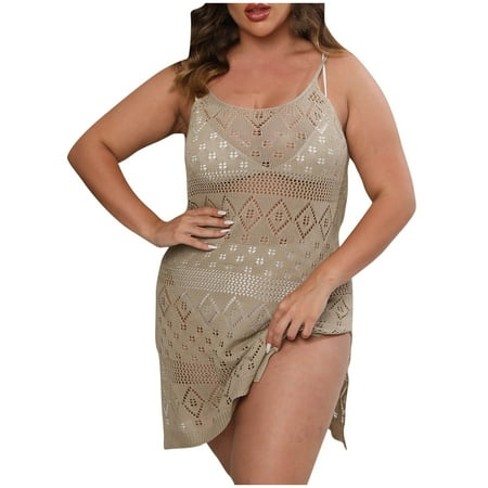 Virmaxy Womens Cover Ups Big Size Solid Color Beach Bikini Cover Ups Dress Cover Ups Plus Bathing Suit Cover Up For Beach Pool Swimwear Crochet Dress Khaki L