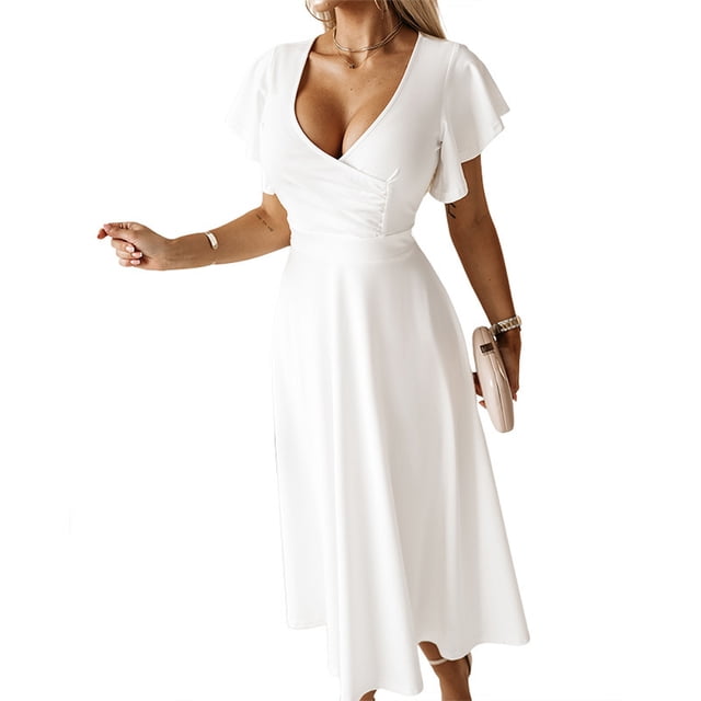 Fjuchai Robes en Chiffon pour Femmes Manches Courtes Col en V Robe Décontractée à Volants S-TTG