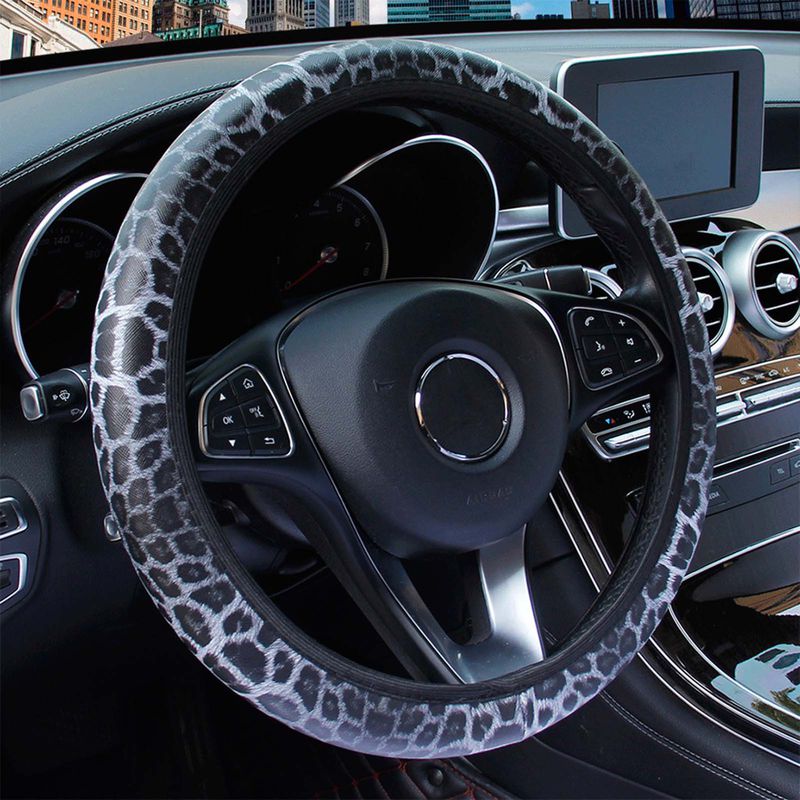 SJENERT Leopard Print Steering Wheel Cover, NonSlip PU Leather