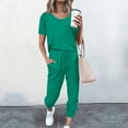 thumbnail image 3 of Summer Two Piece Outfit Women Short Sleeve Round-Neck Blouses & Shirts Sets Fashion Women Summer Solid Button Casual Short SLeeve Tops Pant Set Two Piece Outfit Women Green xxl, 3 of 5