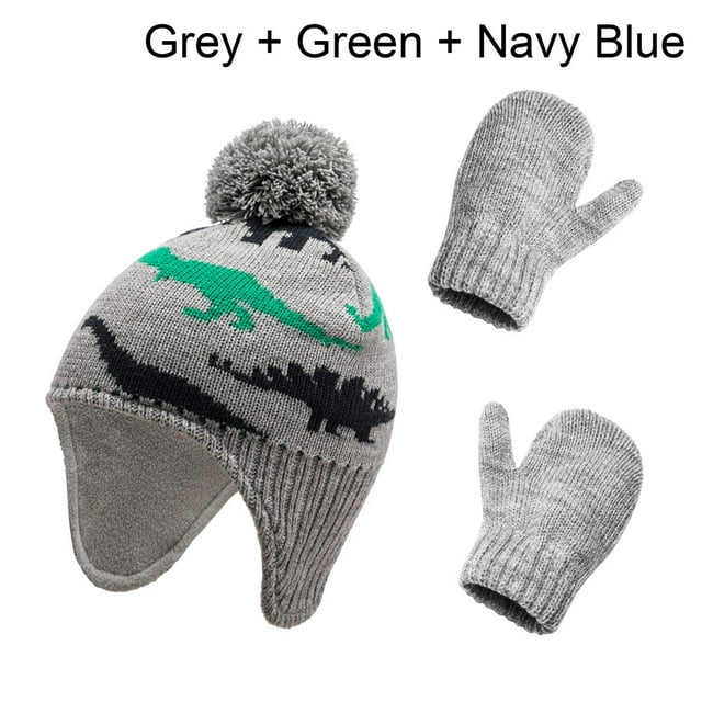 Bonnet Dinosaure Pompon Tricoté Tuque Gants Mitaine Bébé Tout-Petit Hiver Chaud Ensemble