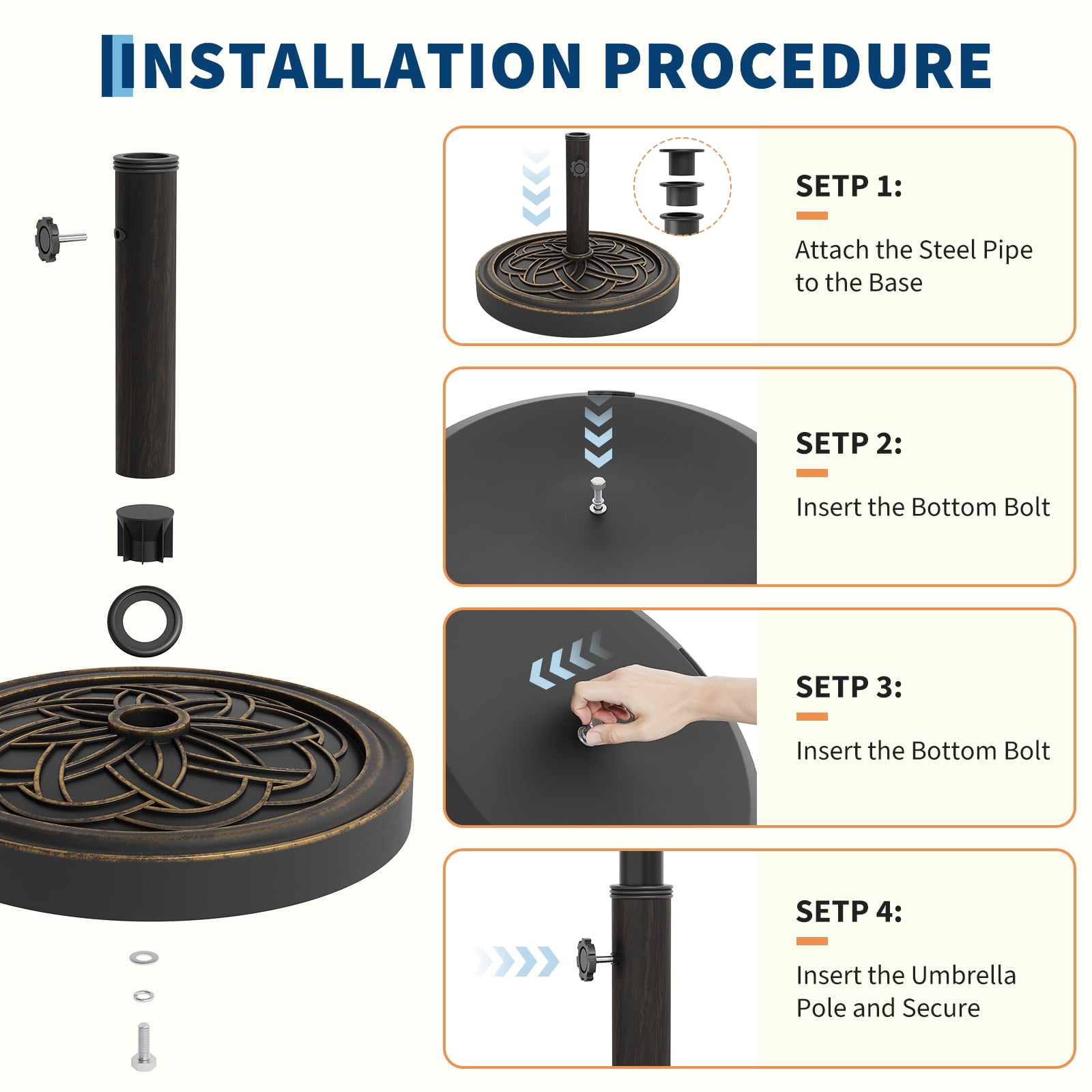Heavy Duty Round Patio Umbrella Base Stand ,20" 26.5LB Heavy Weight Stand with Adjustable Pole Adapters Fits 1.5"-2.1" Poles for 7.5-11FT Umbrellas