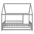 thumbnail image 2 of Full Size Floor Bed, Wooden Slat Support with House Roof Frame and Fence Guardrails, Grey, 2 of 7