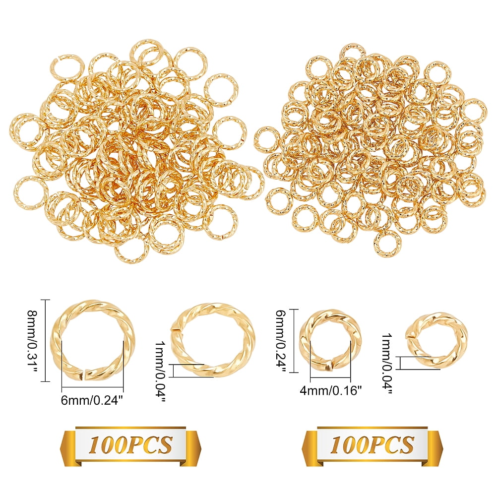 1 Box 200Pcs 2 Style Brass Open Jump Rings Long-Lasting Plated Twisted Round Real 18K Gold Plated 6~8x1mm Inner Diameter: 4~6mm 100pcs/style