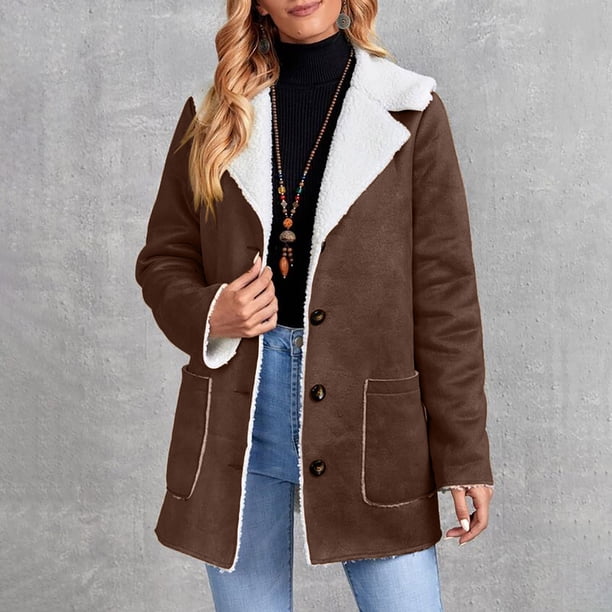 Chaquetas y abrigos casuales de manga larga sin capucha para mujer, abrigo de invierno cálido compuesto con cuello de solapa y botones, abrigo para mujer