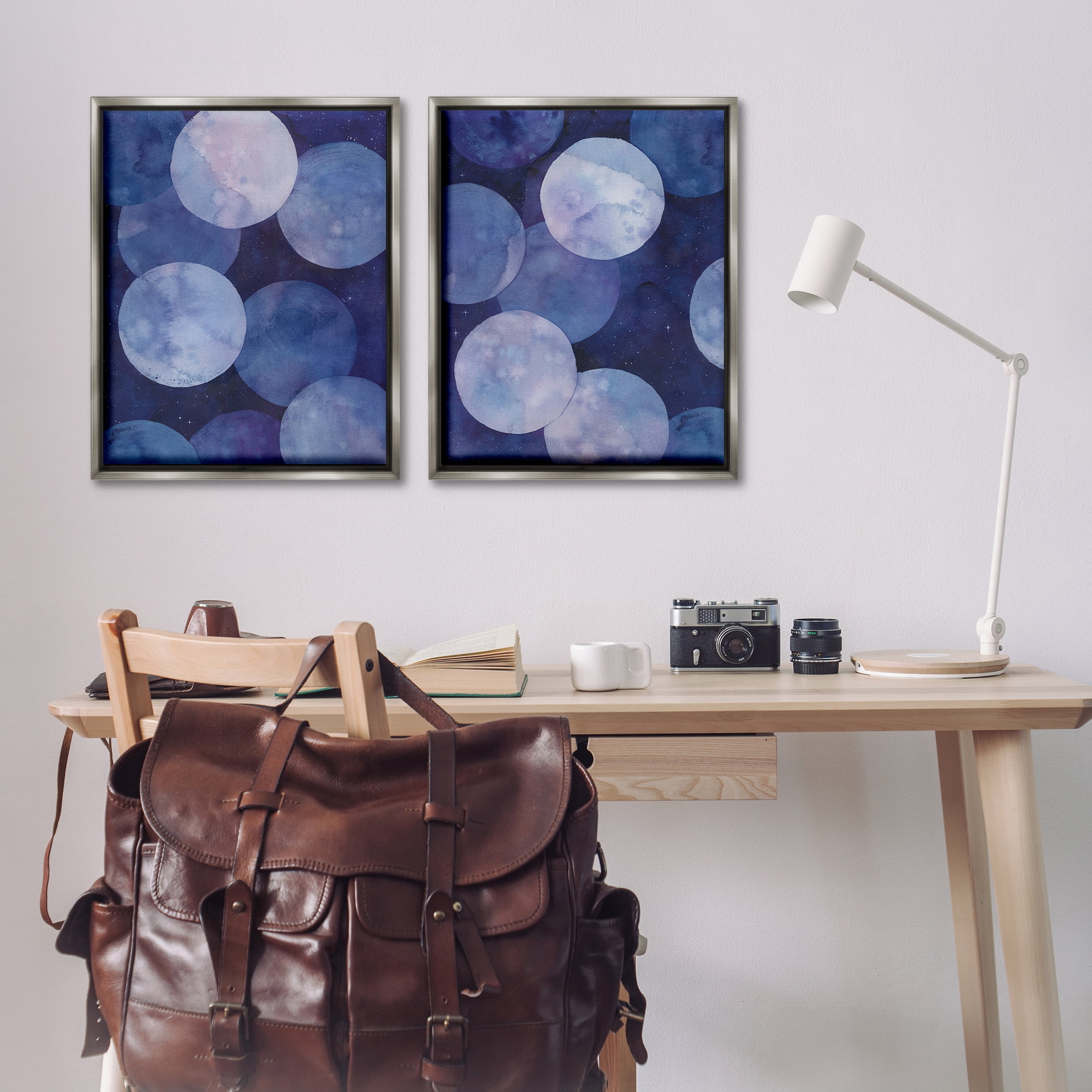 Stupell Industries Abstract Blue Purple Circle Bubbles Abstract Painting Gray Floater Framed Canvas Art Print Wall Art, 31 x 25, Set of 2