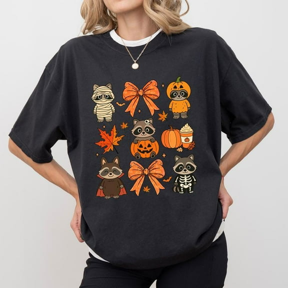 Spooky Raccoon Womens Graphic Tee Shirt Coquette Halloween Pumpkin Tops Crew Neck Short Sleeve Black S-5XL