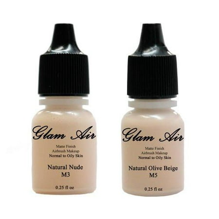 Airbrush Makeup Foundation Matte M3 Natural Nude and M5 Natural Olive Beige Water-based Makeup Lasting All Day 0.25 Oz Bottle By Glam Air