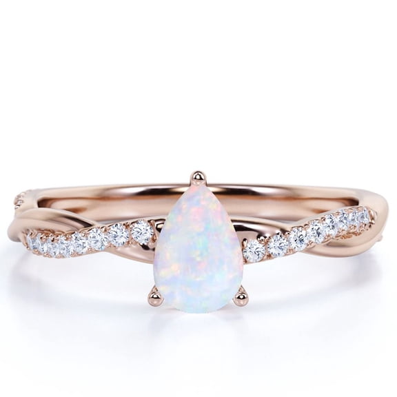 JeenMata Triple Prong Cathedral - 1.75 Carat Pear Cut Opal And Moissanite - Semi Pave Twisted Infinity Engagement Ring - 18K Rose Gold Plating Over Silver