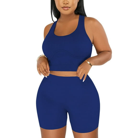 Yoga Sets for Women, Ribbed Bra Tank Tank High Waist Leggings Shorts Suits, Summer Stretchy Seamless Workout Outfits Linen Shorts Sets Lady 2 Piece Outfits Dark Blue L