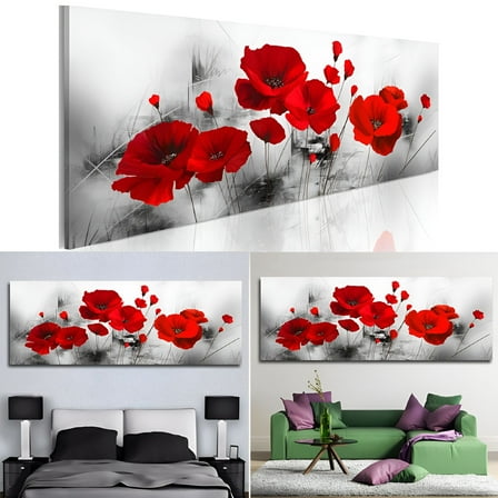 LAMIRO Canvas Wall Art Red Poppy Flower Painting Bathroom Accessories,Black and White Wall Art Flower Pictures Canvas Print Artwork for Living Room Bedroom Home Decorations 1 Piece